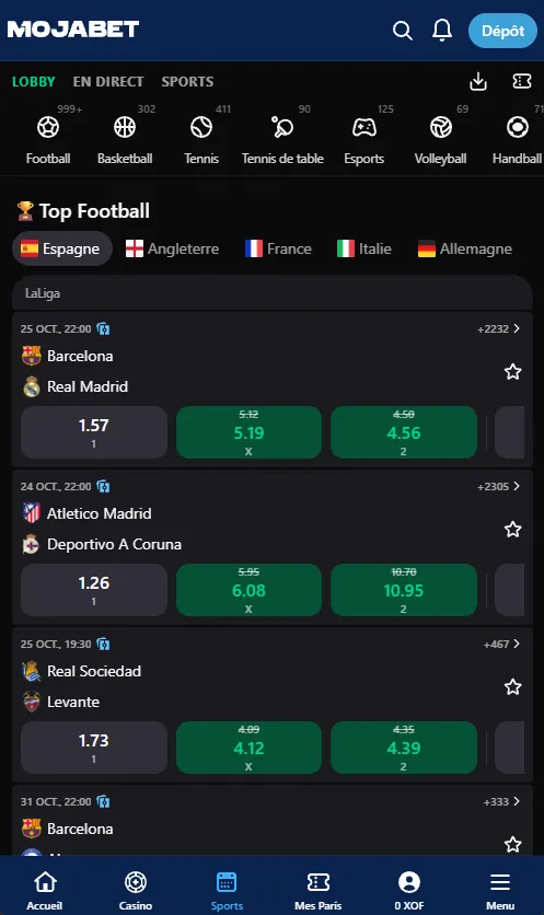 Section Sports de l'application Mojabet : matchs de football et cotes