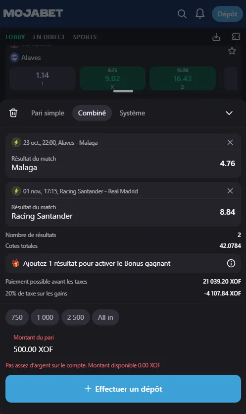 Coupon de pari combiné dans l'application Mojabet avec cote totale et montant