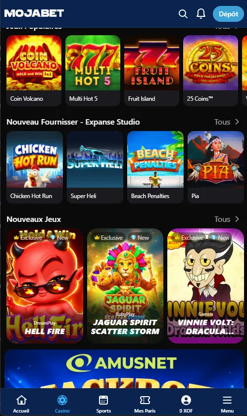 Page Casino de l'application Mojabet : jeux populaires et nouveautés