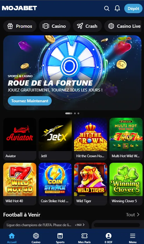 Accueil de l'application Mojabet avec la Roue de la Fortune et les jeux de casino