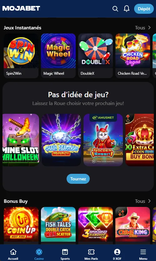 Jeux instantanés et Bonus Buy dans le casino de l'application Mojabet