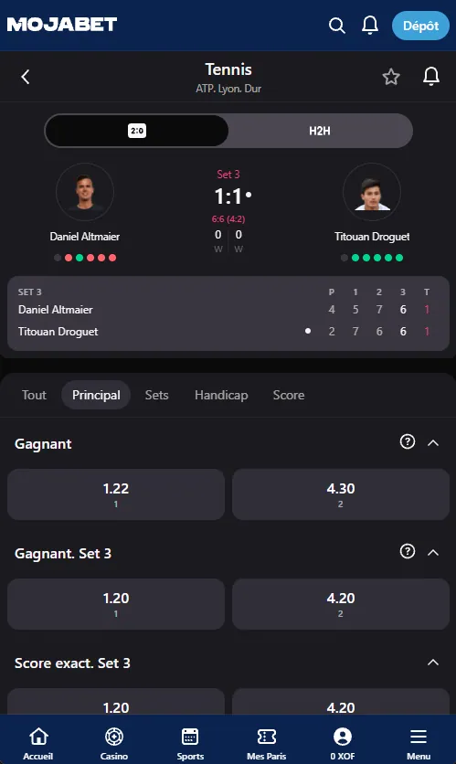Pari en direct sur un match de tennis dans l'application Mojabet