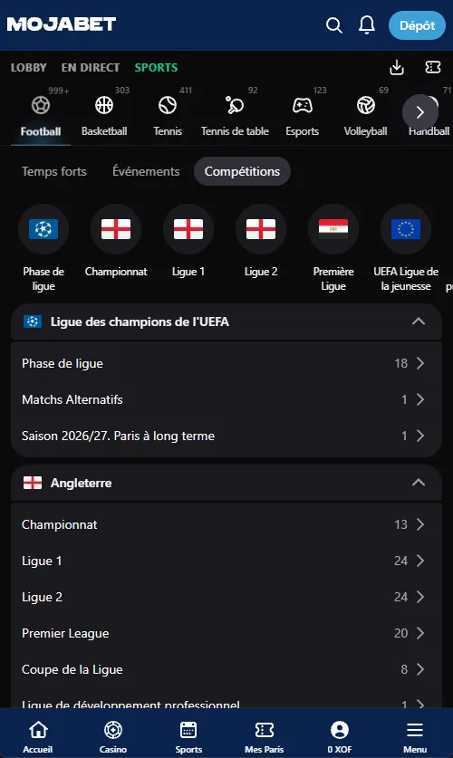 Liste des compétitions de football dans l'application Mojabet