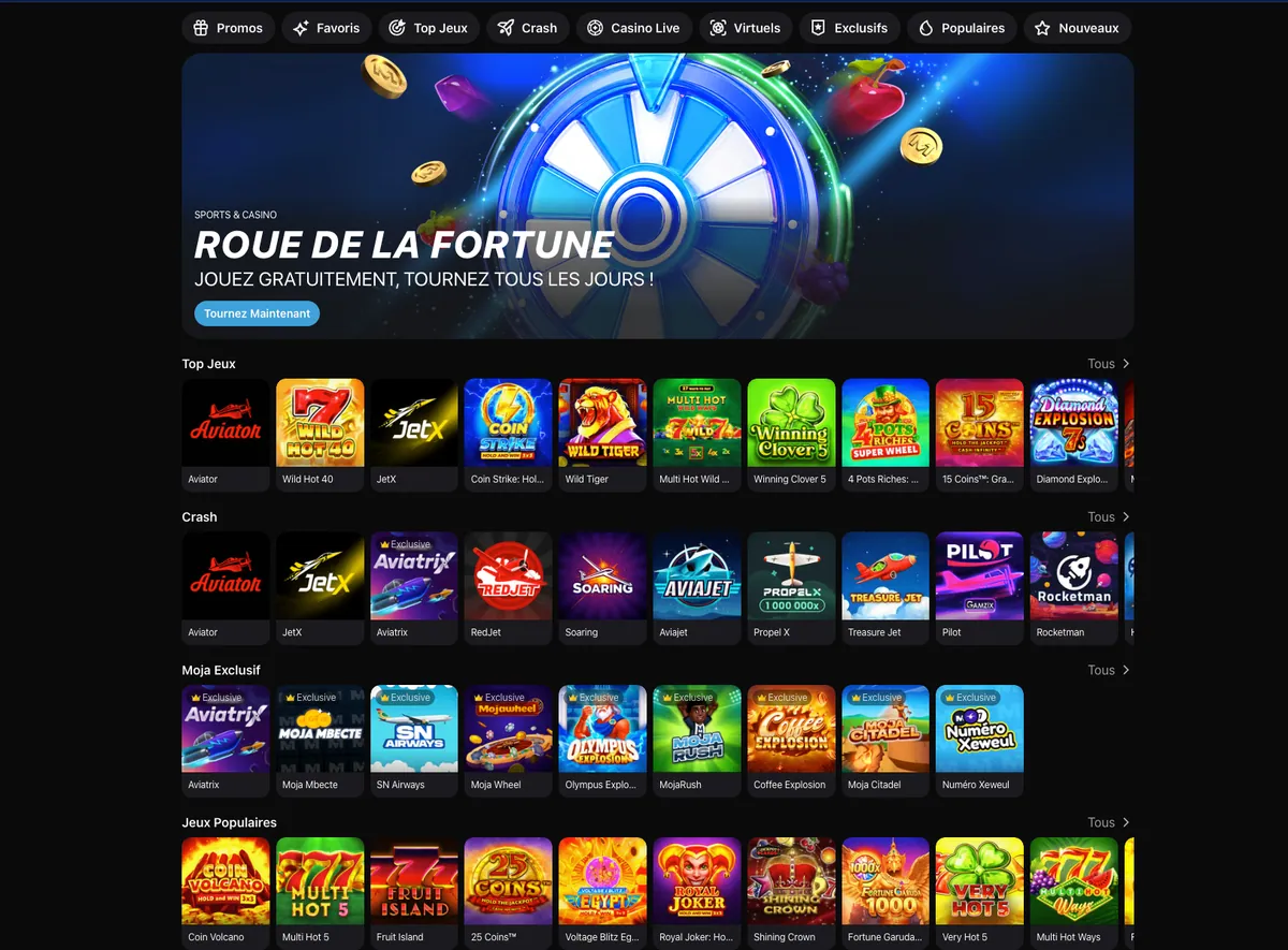 Lobby du casino Mojabet avec machines à sous et jeux populaires