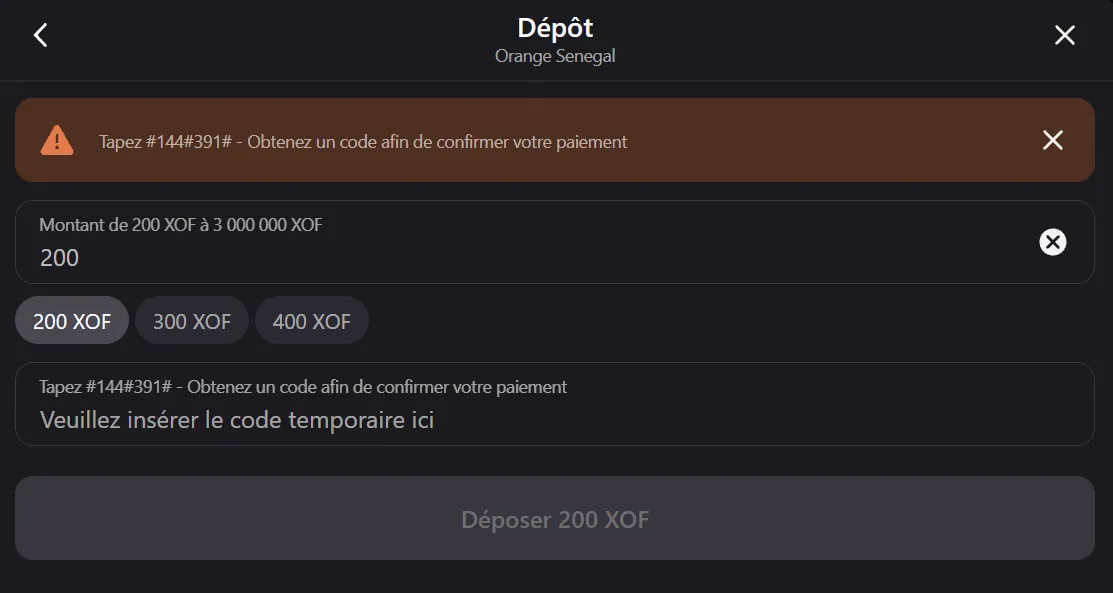 Formulaire de dépôt Orange Senegal sur Mojabet avec montant de 200 à 3 000 000 XOF et code temporaire