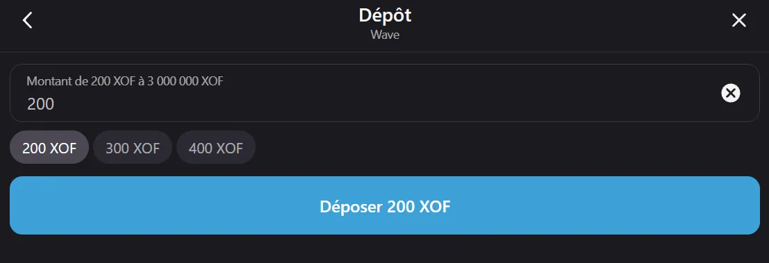 Formulaire de dépôt Wave sur Mojabet avec montant de 200 à 3 000 000 XOF