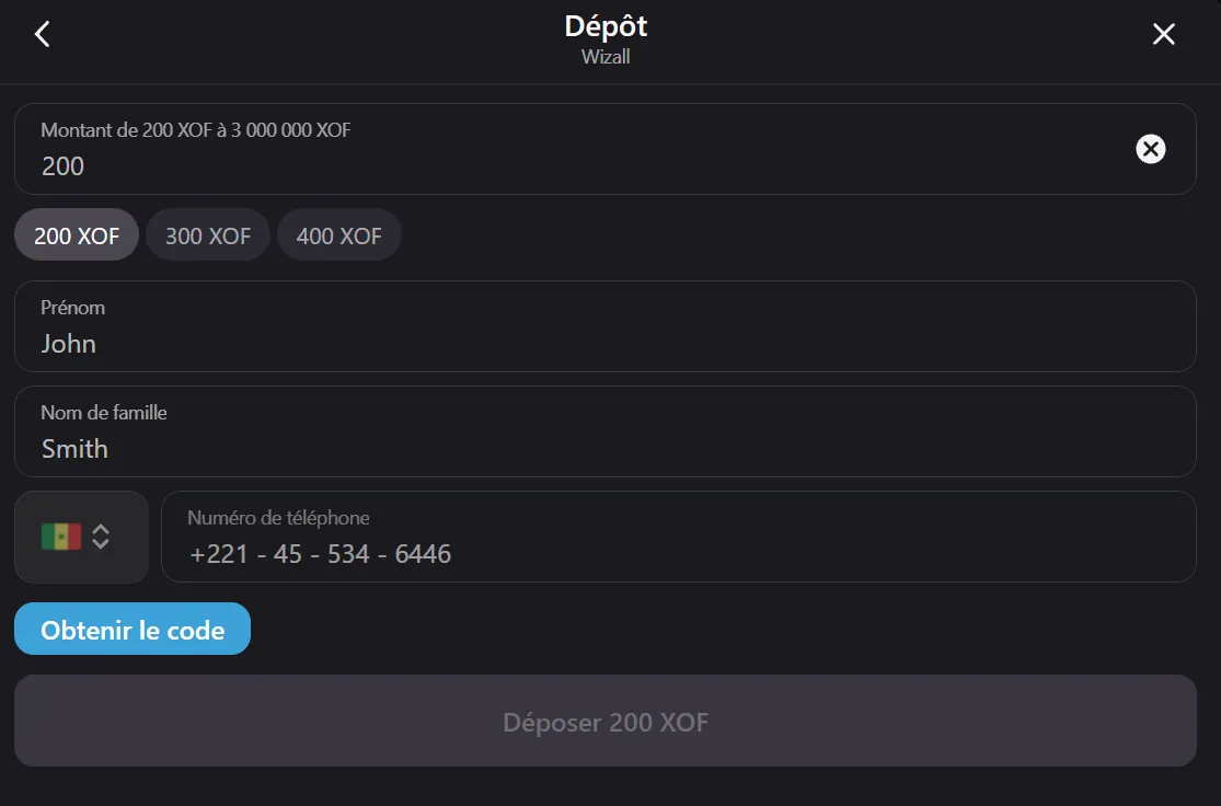 Formulaire de dépôt Wizall sur Mojabet : prénom, nom, numéro de téléphone et bouton Obtenir le code