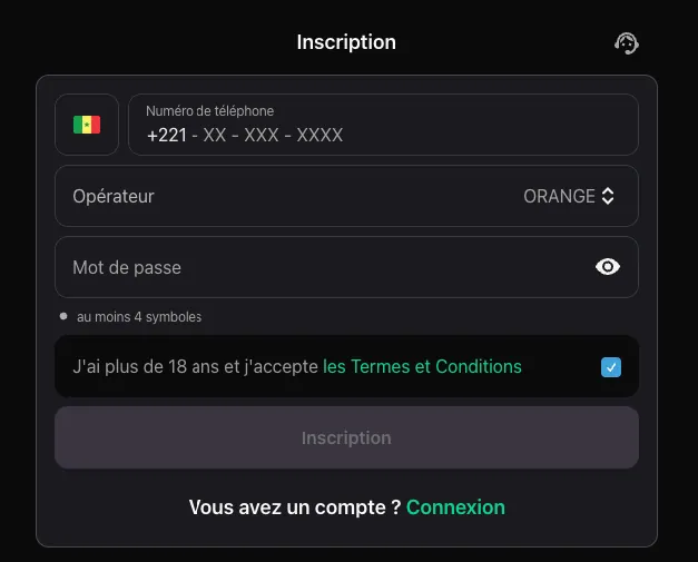 Formulaire d'inscription Mojabet Sénégal : numéro de téléphone +221, opérateur, mot de passe et case 18 ans