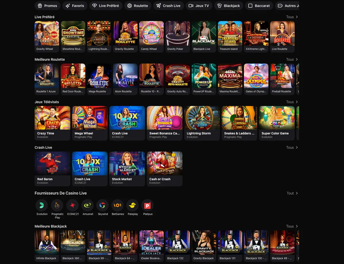 Casino en direct Mojabet : roulette, jeux télévisés, Crash Live, fournisseurs et blackjack