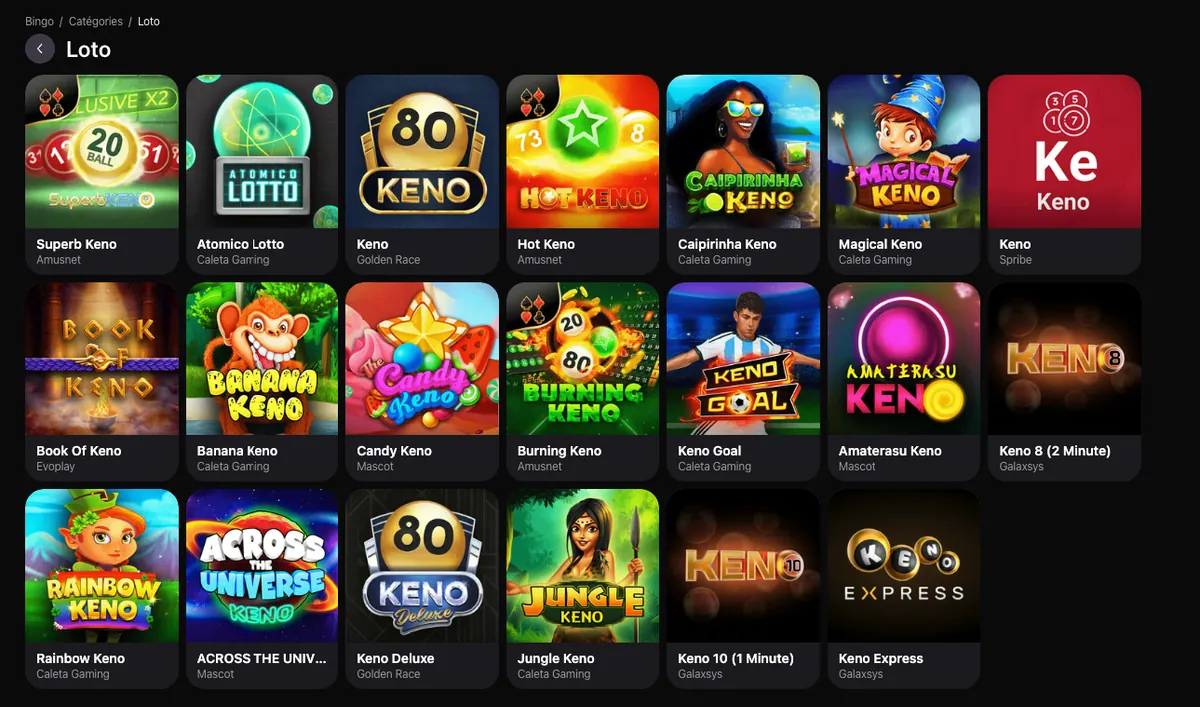 Catégorie Loto du casino Mojabet avec les jeux de keno de Caleta Gaming, Amusnet, Golden Race et Galaxsys