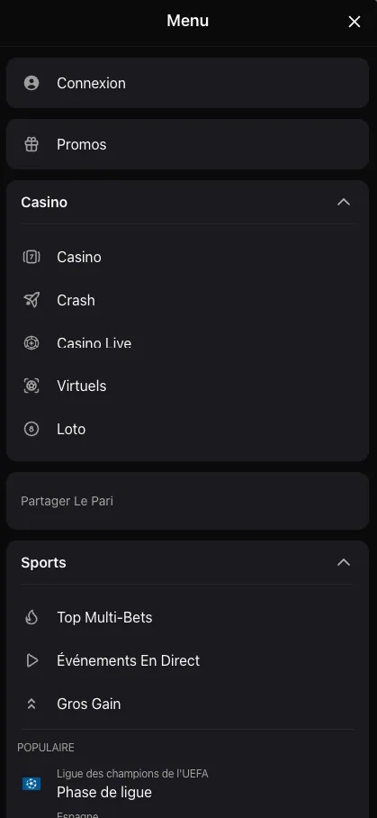 Menu mobile de Mojabet avec les sections paris sportifs, casino et promotions