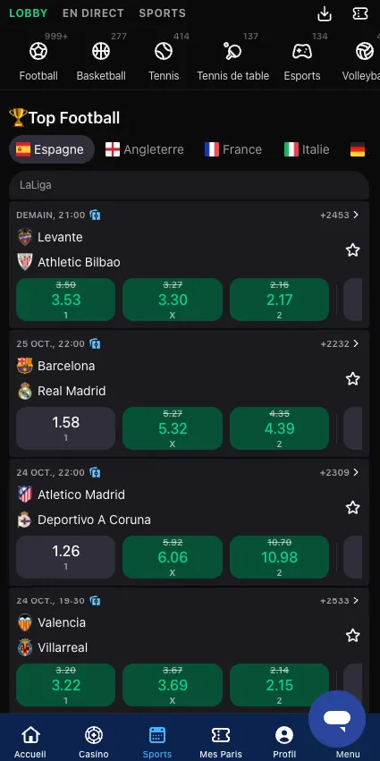 Section Sports de l'application mobile moja-bet.bet avec les cotes du Top Football