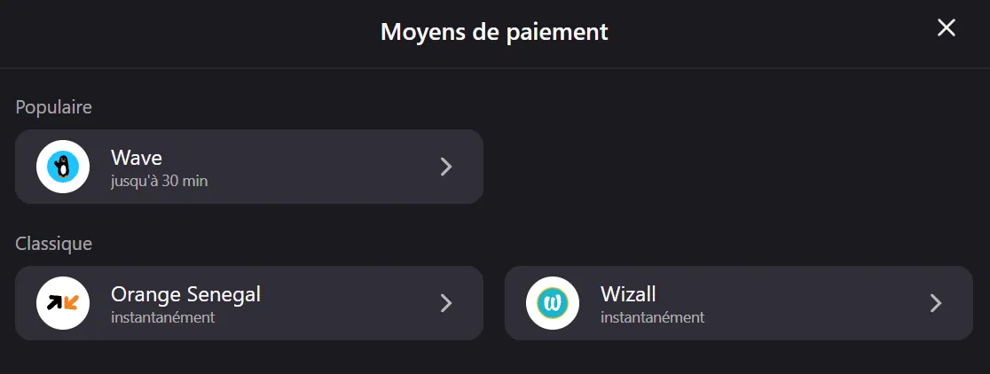 Liste des moyens de paiement de la caisse Mojabet : Wave, Orange Senegal et Wizall